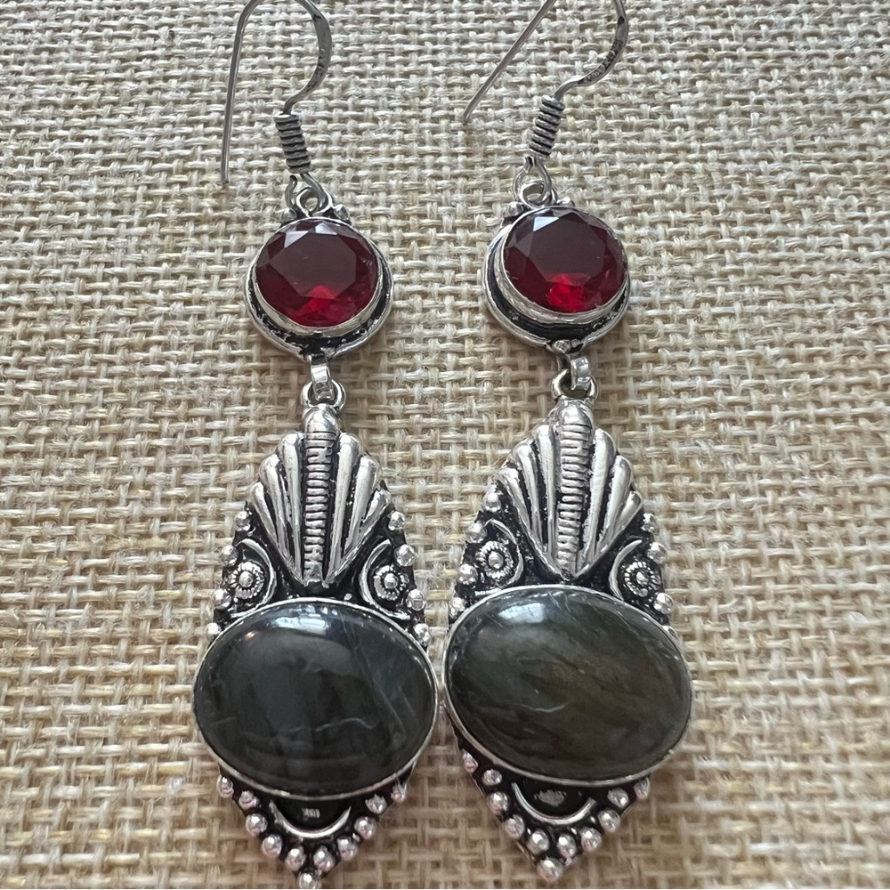 New Labradorite and Sim Red Garnet Quartz Crystal Silver Overlay Earrings
